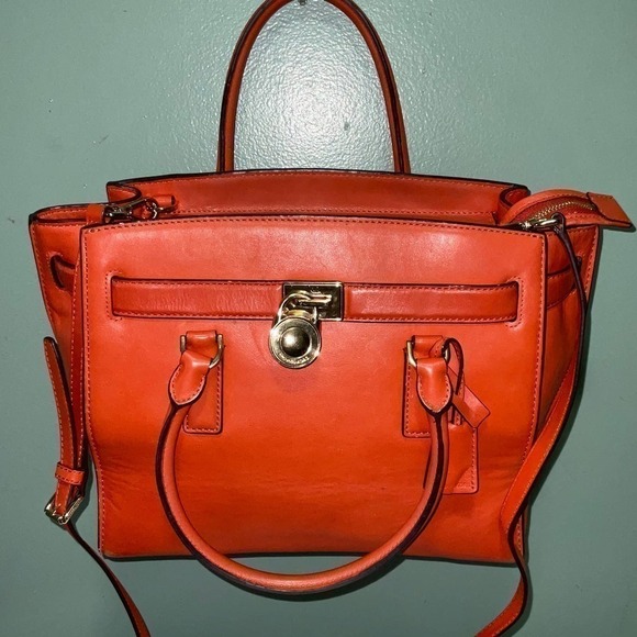 MICHAEL KORS HAMILTON TRAVELER GENUINE LEATHER SATCHEL/ SHOULDER BAG ORANGE - Picture 15 of 15
